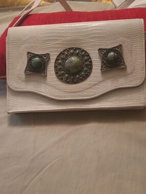 White Leather Croc Crossbody with Turquoise Medallion Accents